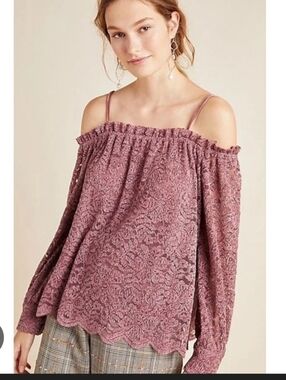 Anthropologie Lace Off-Shoulder Blouse in Dusty Rose